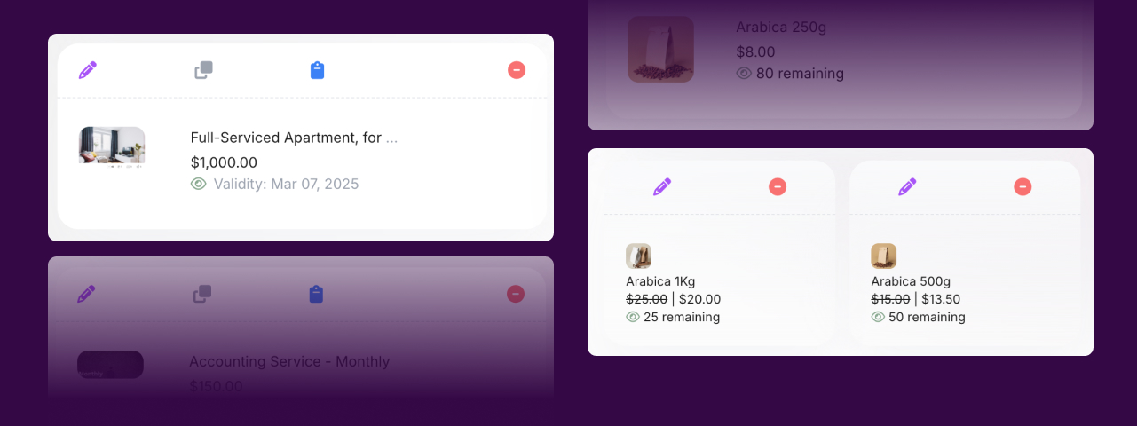 list services and products with variants